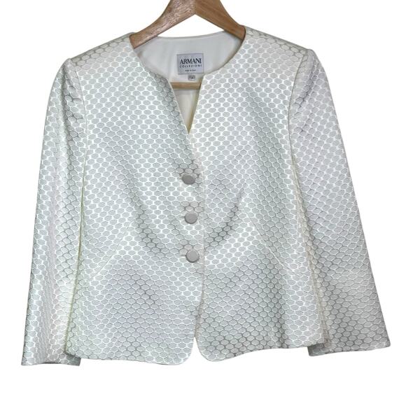 Armani Collezioni Italy Made Size  4 White Textured Button Up V Neckline Jacket - Picture 1 of 8